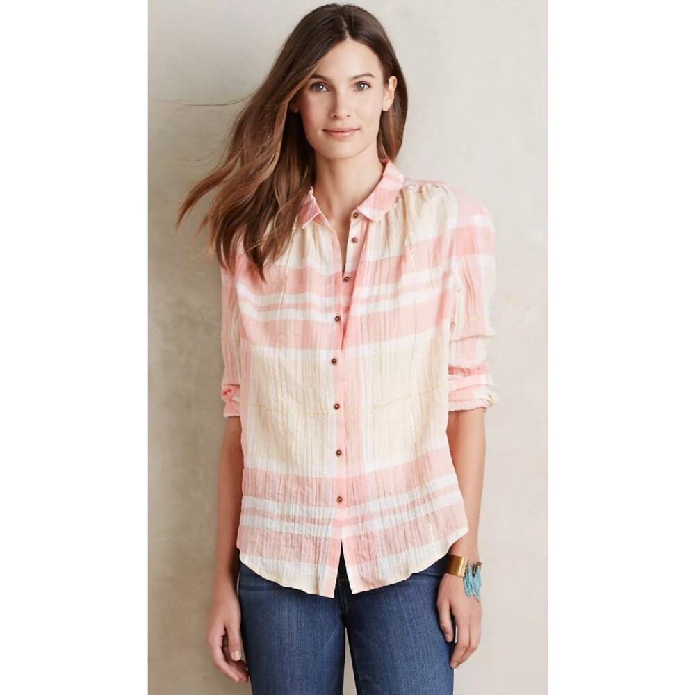 Anthropologie Holding Horses Gailen Buttondown Peach Plaid Womens 0